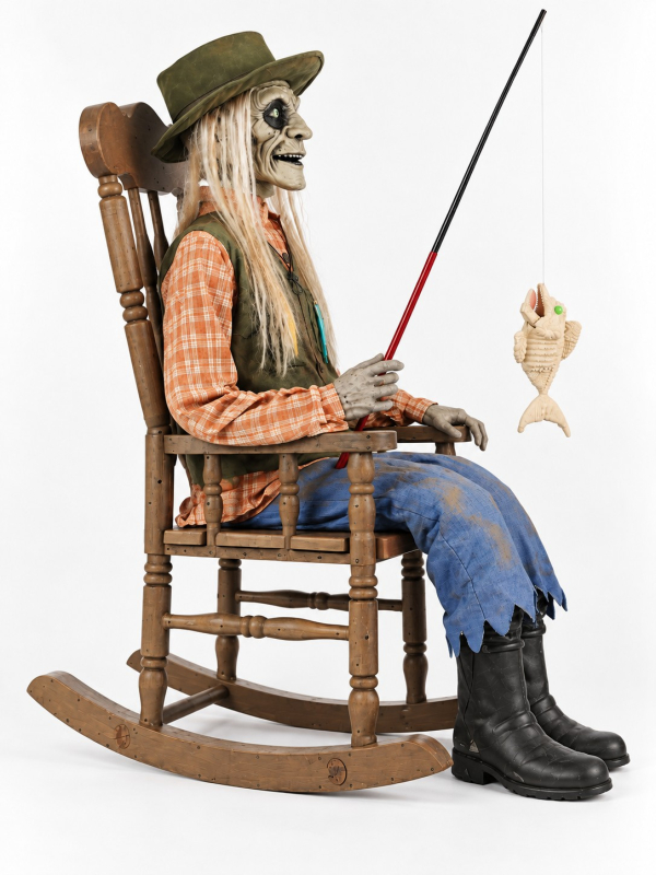 Automate pêcheur zombie Halloween sur chaise à bascule 185 cm – Son, lumière et mouvement profil