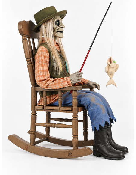 Automate pêcheur zombie Halloween sur chaise à bascule 185 cm – Son, lumière et mouvement profil