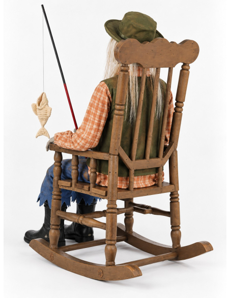 Automate pêcheur zombie Halloween sur chaise à bascule 185 cm – Son, lumière et mouvement dos
