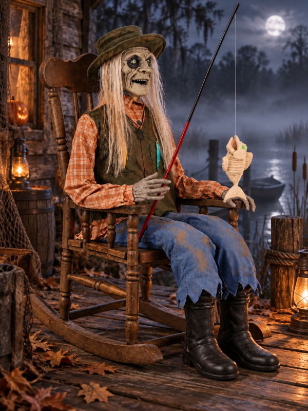 Automate pêcheur zombie Halloween sur chaise à bascule 185 cm – Son, lumière et mouvement