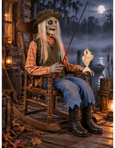 Automate pêcheur zombie Halloween sur chaise à bascule 185 cm – Son, lumière et mouvement