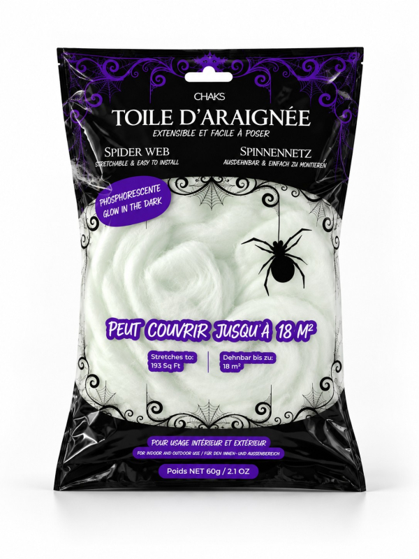 Toile d’araignée Halloween blanche phosphorescente 60 g – jusqu’à 18 m²