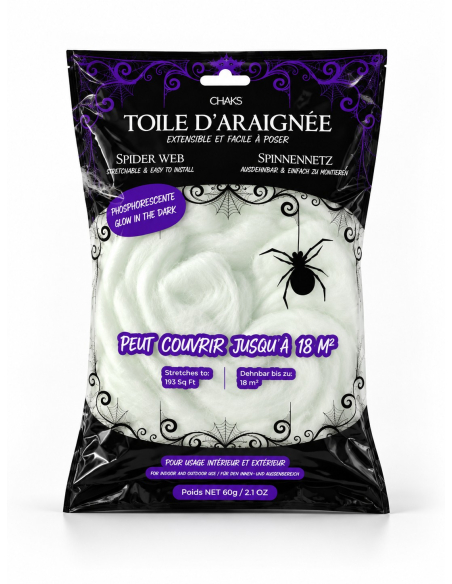 Toile d’araignée Halloween blanche phosphorescente 60 g – jusqu’à 18 m²