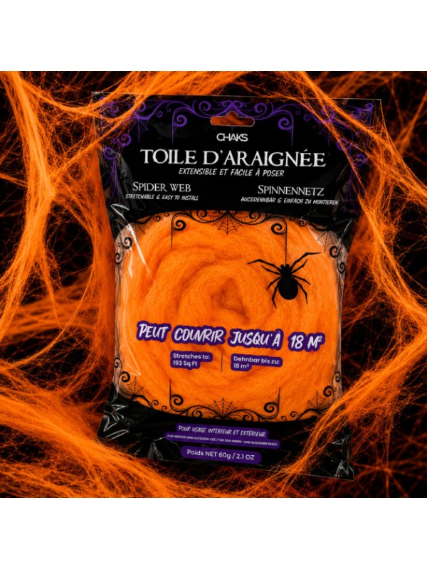 Toile d’araignée orange Halloween 60 g – jusqu’à 18 m²