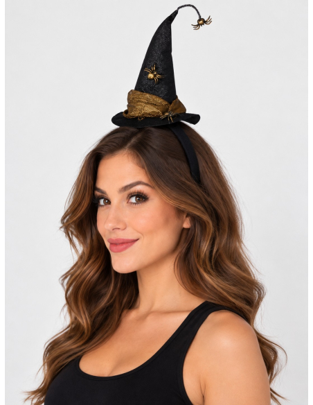 Serre-tête mini chapeau de sorcière noir et doré avec araignées