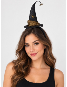 Serre-tête mini chapeau de sorcière noir et doré avec araignées