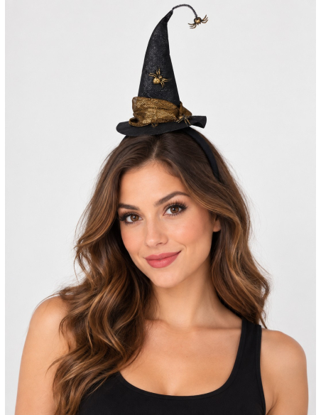 Serre-tête mini chapeau de sorcière noir et doré avec araignées