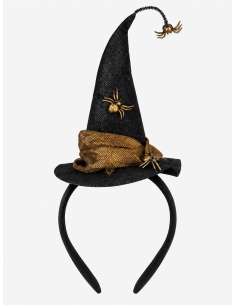 Serre-tête mini chapeau de sorcière noir et doré avec araignées 2