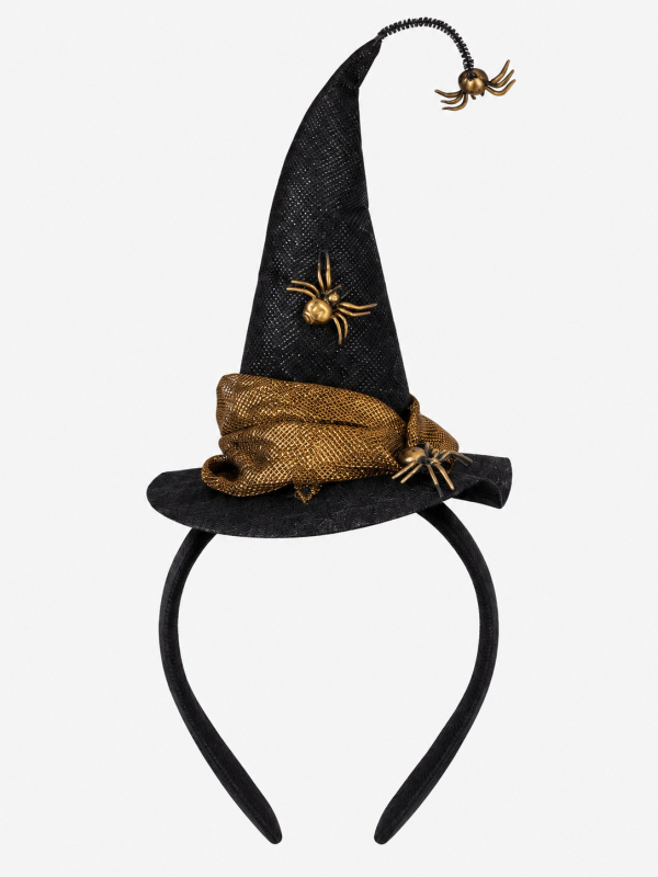 Serre-tête mini chapeau de sorcière noir et doré avec araignées