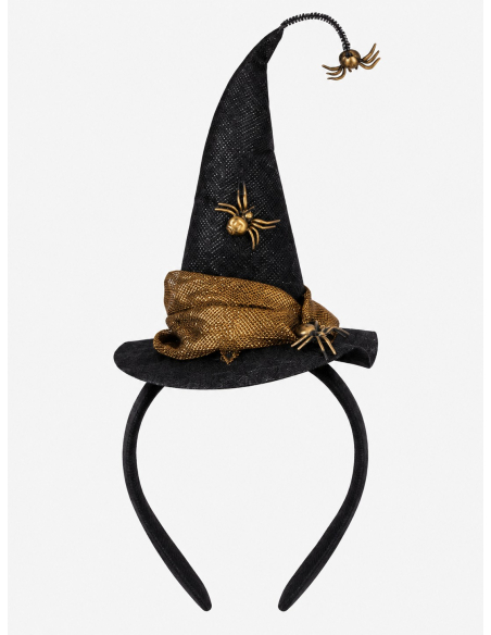 Serre-tête mini chapeau de sorcière noir et doré avec araignées
