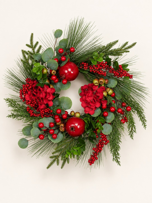Couronne de Noël 50 cm avec baies rouges et feuillage vert