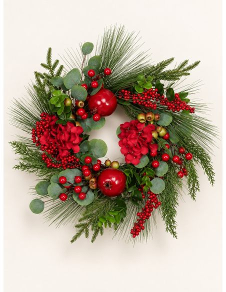 Couronne de Noël 50 cm avec baies rouges et feuillage vert