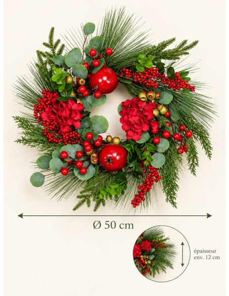Couronne de Noël 50 cm avec baies rouges et feuillage vert
