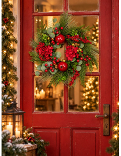 Couronne de Noël 50 cm avec baies rouges et feuillage vert 2