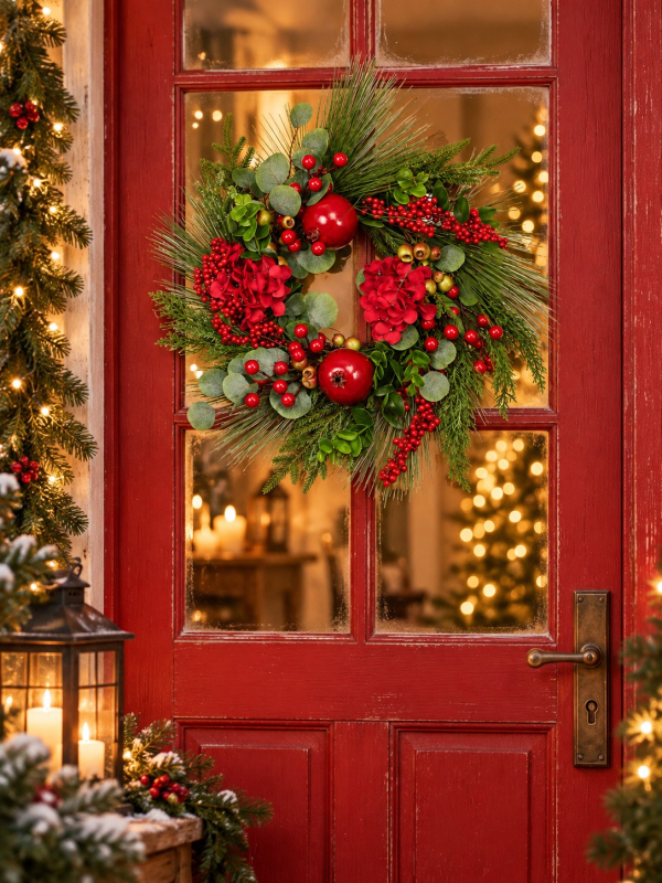 Couronne de Noël 50 cm avec baies rouges et feuillage vert