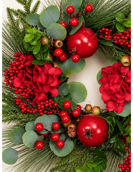 Couronne de Noël 50 cm avec baies rouges et feuillage vert