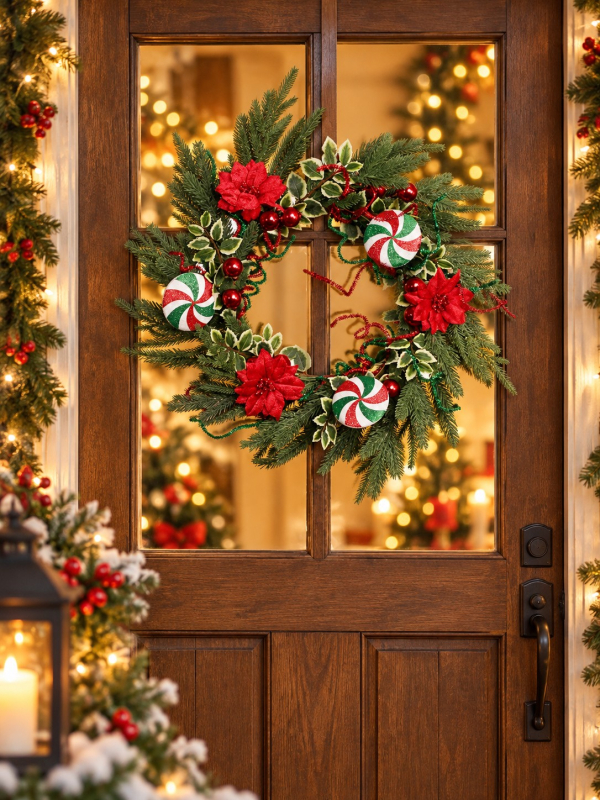 Couronne de Noël 58 cm bonbons rouge, vert et blanc