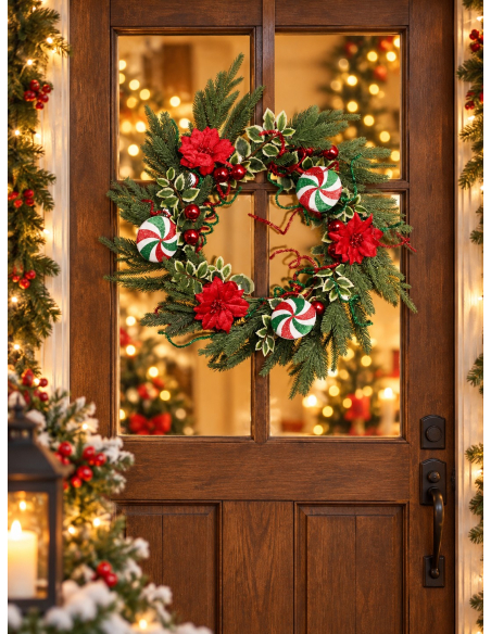 Couronne de Noël 58 cm bonbons rouge, vert et blanc