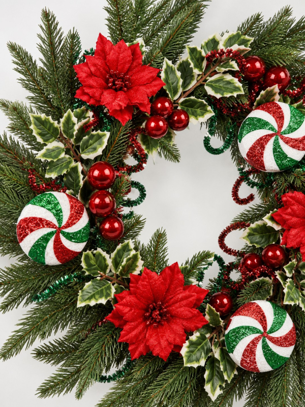 Couronne de Noël 58 cm bonbons rouge, vert et blanc