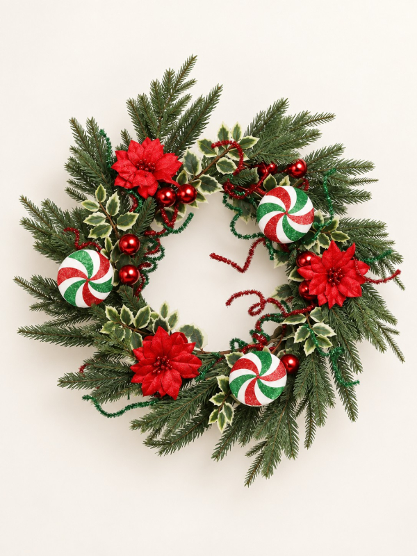 Couronne de Noël 58 cm bonbons rouge, vert et blanc