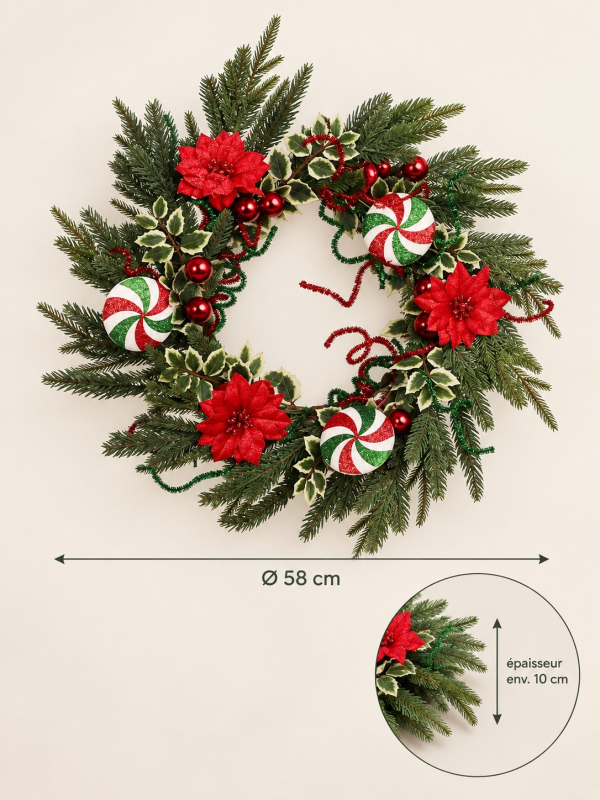 Couronne de Noël 58 cm bonbons rouge, vert et blanc