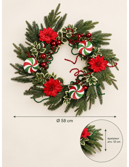 Couronne de Noël 58 cm bonbons rouge, vert et blanc