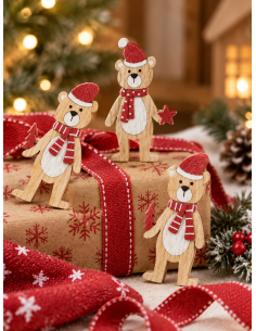 12 oursons en bois pour décoration de table de Noël