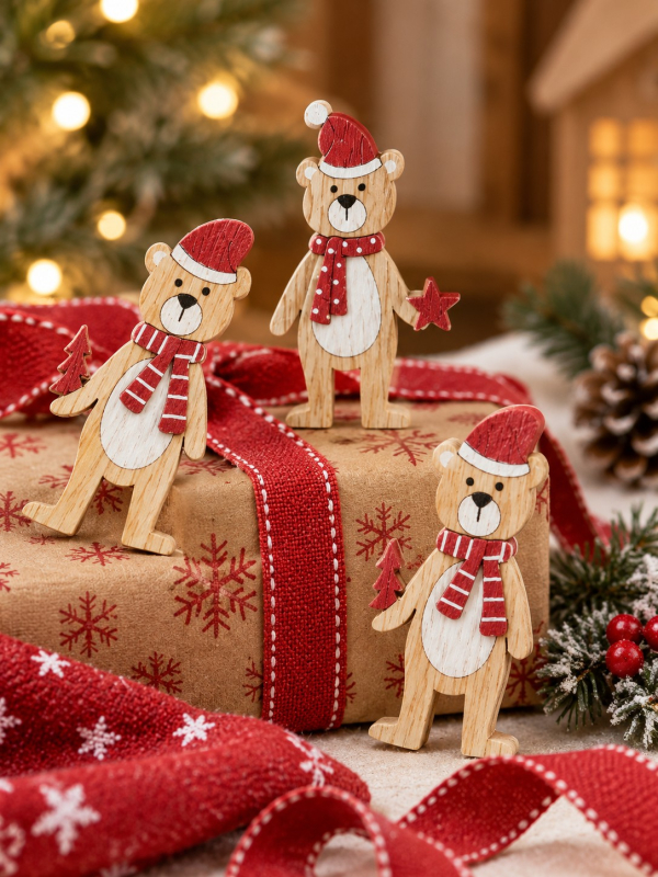 12 oursons en bois pour décoration de table de Noël