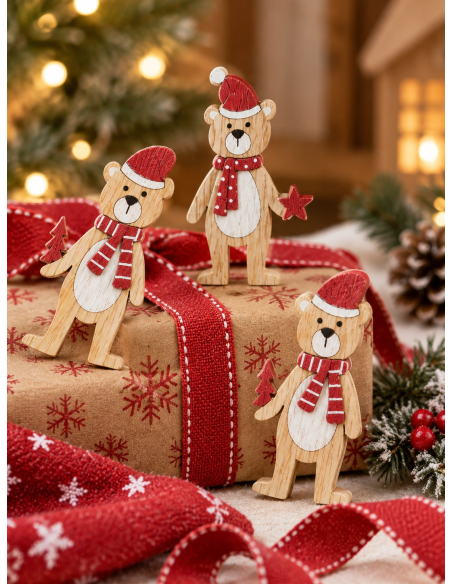 12 oursons en bois pour décoration de table de Noël