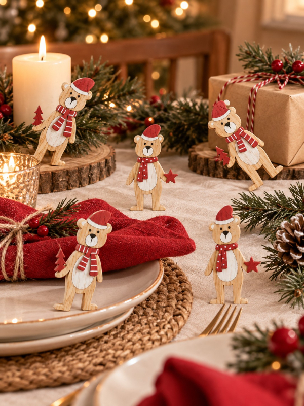 12 oursons en bois pour décoration de table de Noël