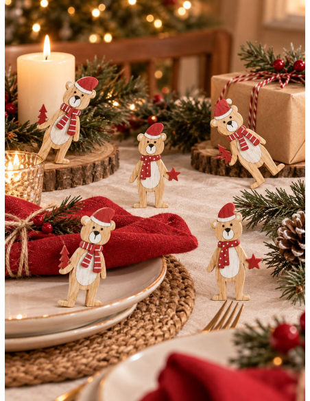 12 oursons en bois pour décoration de table de Noël