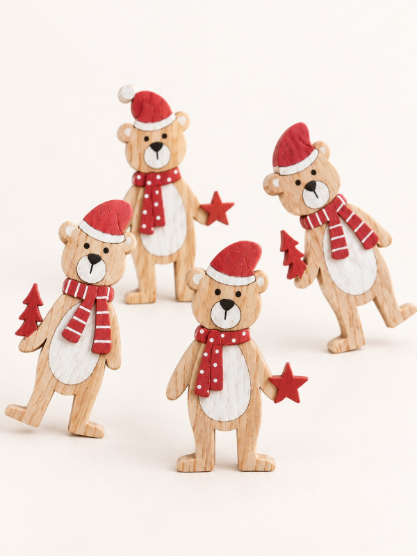 12 oursons en bois pour décoration de table de Noël