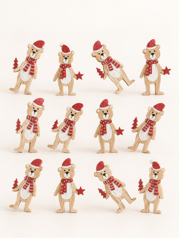 12 oursons en bois pour décoration de table de Noël