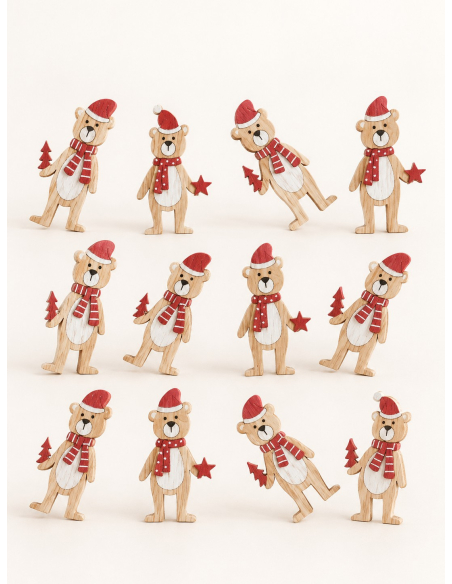 12 oursons en bois pour décoration de table de Noël