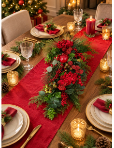 Centre de table de Noël rouge et vert 70 cm – Composition végétale élégante 2
