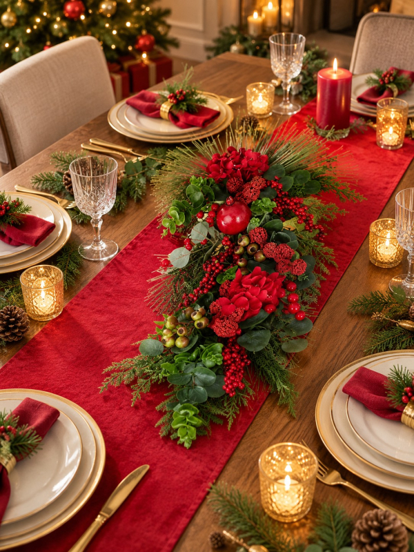 Centre de table de Noël rouge et vert 70 cm – Composition végétale élégante