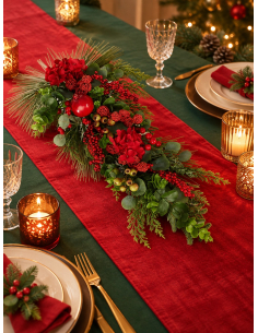 Centre de table de Noël rouge et vert 70 cm – Composition végétale élégante