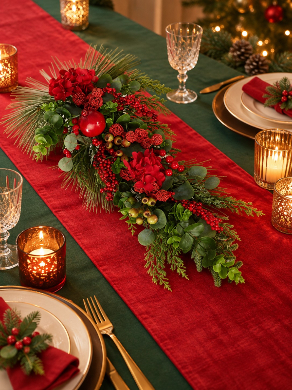 Centre de table de Noël rouge et vert 70 cm – Composition végétale élégante