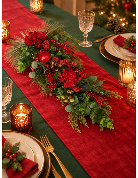 Centre de table de Noël rouge et vert 70 cm – Composition végétale élégante