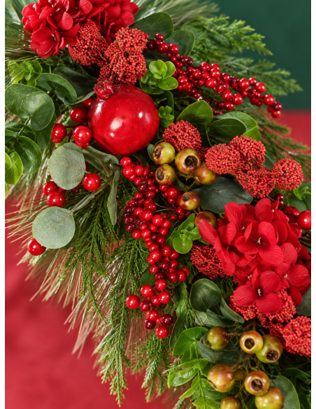 Centre de table de Noël rouge et vert 70 cm – Composition végétale élégante