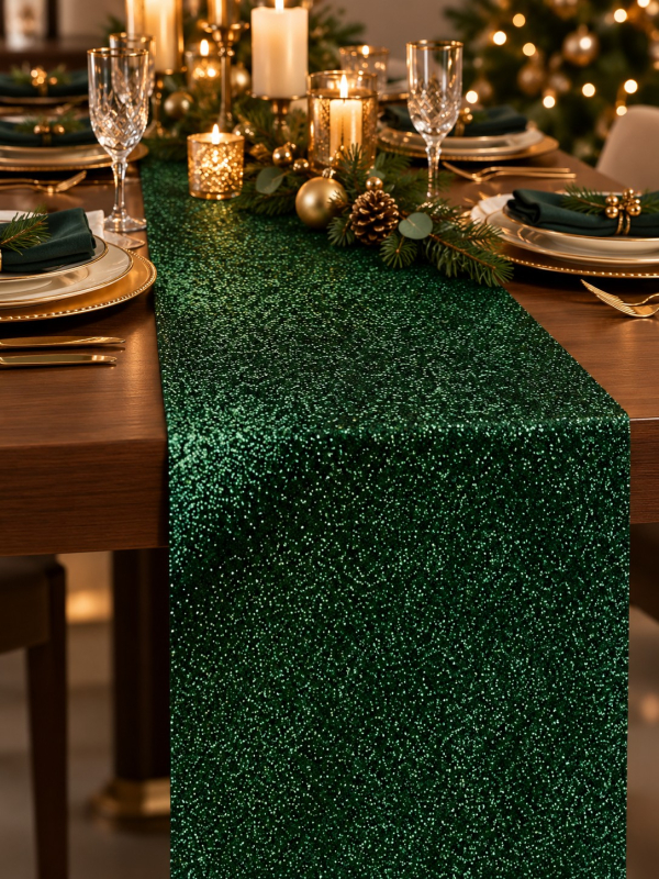 Chemin de table vert sapin pailleté 30 cm × 5 m – Noël & réception
