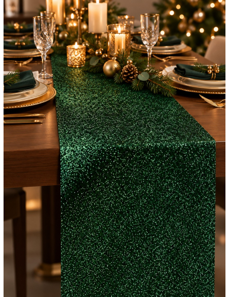 Chemin de table vert sapin pailleté 30 cm × 5 m – Noël & réception