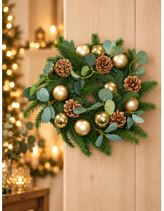 Couronne de Noël verte et dorée 30 cm – Sapin, boules et pommes de pin 2
