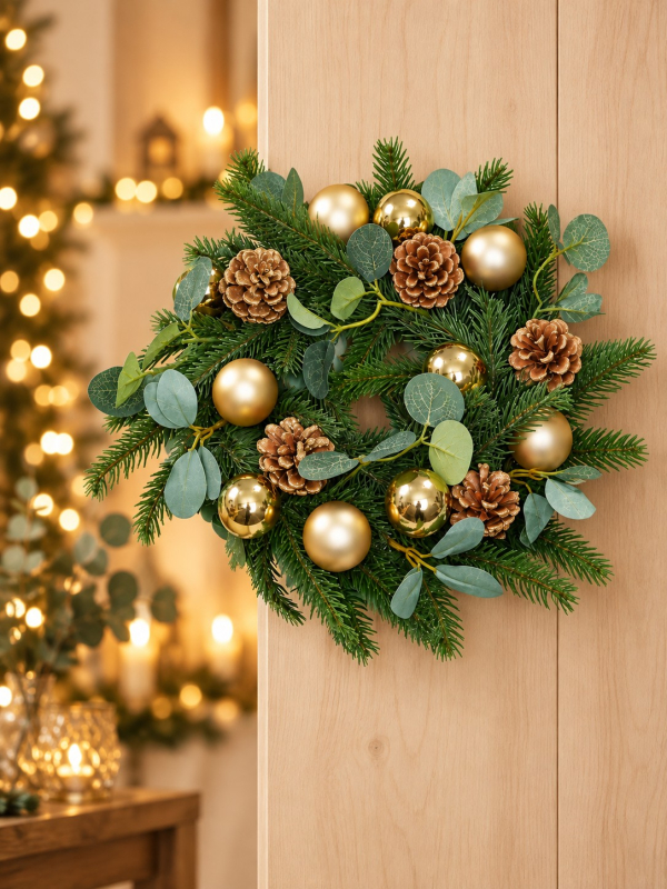Couronne de Noël verte et dorée 30 cm – Sapin, boules et pommes de pin