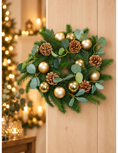 Couronne de Noël verte et dorée 30 cm – Sapin, boules et pommes de pin