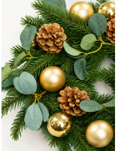 Couronne de Noël verte et dorée 30 cm – Sapin, boules et pommes de pin