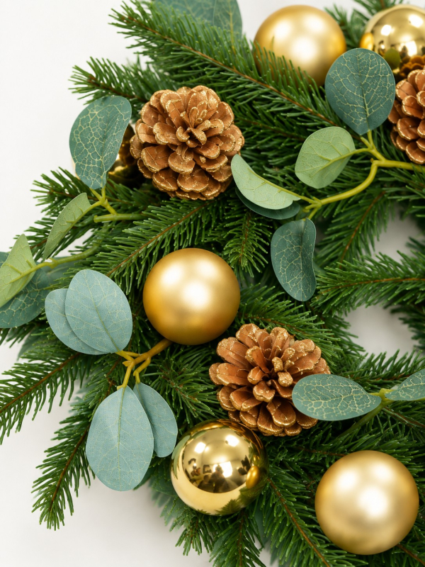 Couronne de Noël verte et dorée 30 cm – Sapin, boules et pommes de pin