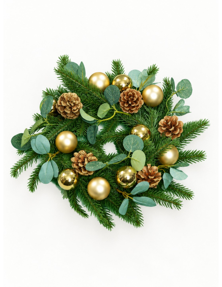 Couronne de Noël verte et dorée 30 cm – Sapin, boules et pommes de pin