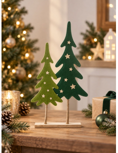 2 sapins de Noël en feutrine verte sur socle bois 56 cm