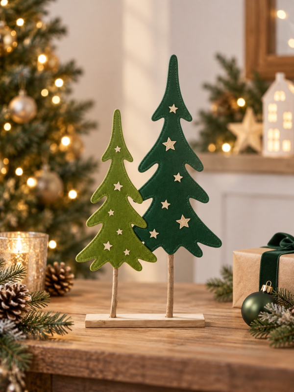 2 sapins de Noël en feutrine verte sur socle bois 56 cm